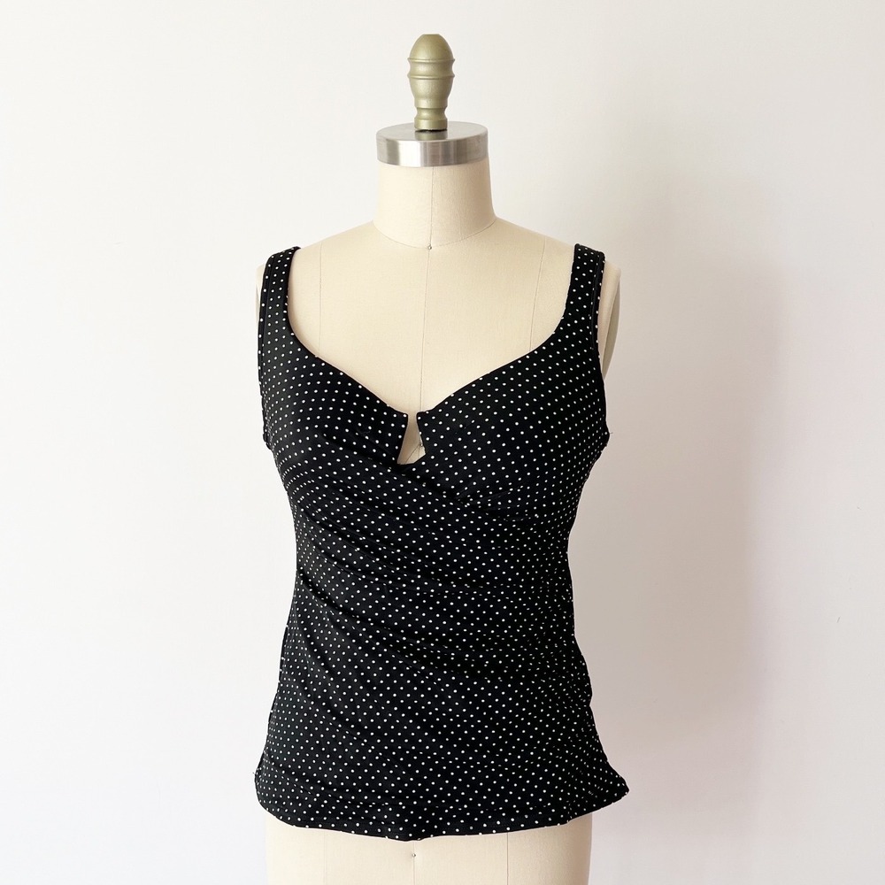Miraclesuit Tankini Top Black Polka Dot Ruched Sweetheart Neckline Cutout